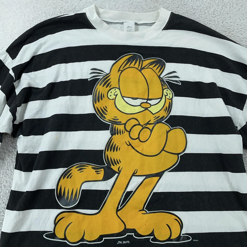 Vintage Garfield Striped Shirt XL Black White Cartoon Cat Jim Davis Tee USA 90s - Picture 2 of 9